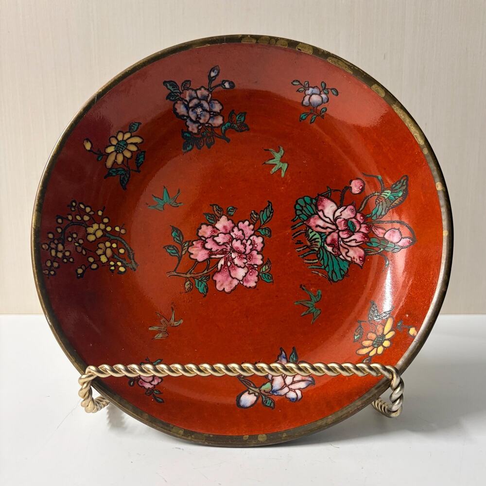 Vintage ACF Japanese Porcelain Ware Bowl Flowers Pink Yellow Red Background